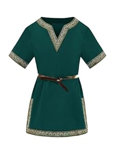 Haloumoning Jungen Mittelalter Tunika Kinder Cosplay T-Shirts Kostüm Halloween Renaissance Wikinger Warrior Ritter Tops, Grün, 6-8 Jahre