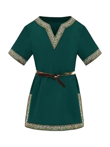 Haloumoning Dziecięce Średniowieczne Tunika Kostium Halloweenowy dla Chłopców Cosplay T-Shirty Kostium Odrodzeniowy Wiking Wojownik Rycerz Tops, zielony, 10-12 Lat