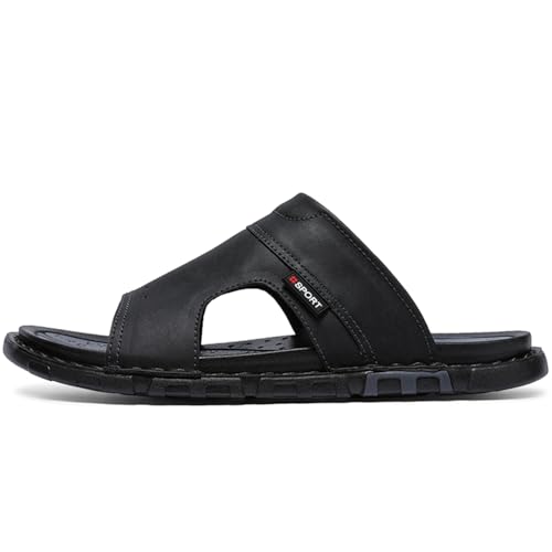 Leather Slide Sandals for Men, Slip On Summer Beach Shoes, Rubber Sole, Coffee2