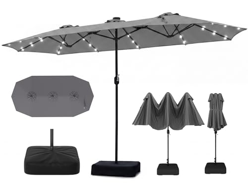 RELAX4LIFE Grand Parasol de Jardin Exterieur LED avec Pied, 4x2M Parasol Double Éclairé pour Terrasse/Piscine/Marché, 12 Baleines Renforcées, Manivelle, Protection Solaire pour 6-8 Personnes (Gris)