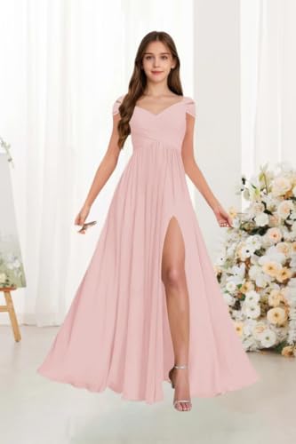 Off Shoulder Junior Bridesmaid Dresses with Pocket Pleated Chiffon Flower Girl Dress for Formal Wedding Gowns4