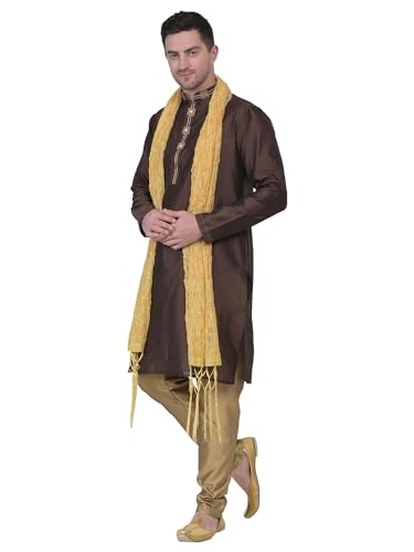 Image of ITOS365 Men's Tunic Art Silk Kurta Pajama and Scarf Suit Set Indian Clothing Wedding Party Dress Gifts Items