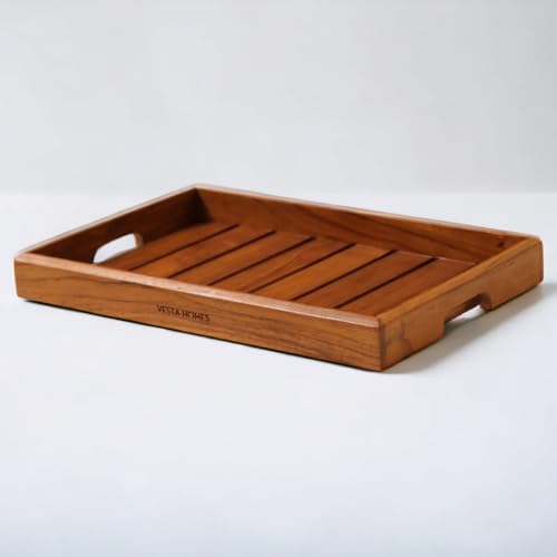 Vesta Homes Large Teak Wood Serving Tray for Home, Kitchen, Breakfast, Restaurant, Office Organizer, Dining Table | Premium Wooden Tray |15 * 10 * 1.5 Inches | Handmade in India