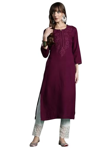 Image of INDO ERA Women's Viscose Rayon Straight Fit Embroide Straight Kurta (KT5WN10032)