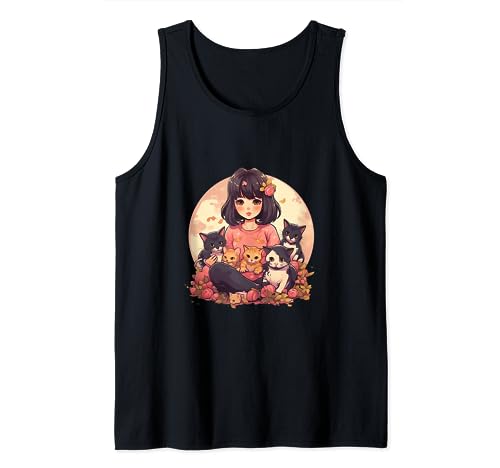 Anime Chica Kawaii Gatos Manga Otaku Camiseta sin Mangas