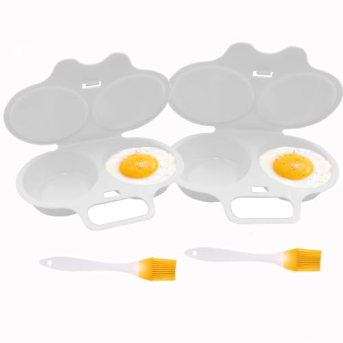 2 Pcs Microwave Egg Poacher and 2 Oil Brushes, Reusable Microwave Egg Cooker, Quick Poached Egg Maker for Healthy Breakfast, Microwave Safe Kitchen Gadget, Double Cups Egg Boiler for Home Breakfast