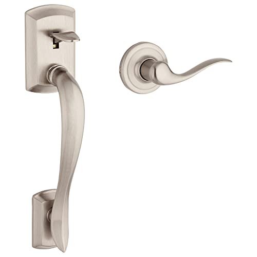 Image of Kwikset Avalon Front Door Handle No Lock, Entry Handleset Exterior with Interior Reversible Handed Lever, Non-Locking, Satin Nickel, Deadbolt Not Included, with Microban Protection