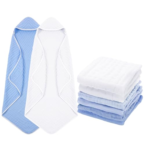 Image of Peryiter 8 Pack Muslin Hooded Baby Bath Towels and Wash Cloth Set Soft Cotton Gauze Baby Hooded Bath Towel Wipes Absorbent Bath Face Towels Burp Cloths Face Towels for Girl Boy(Blue Series)