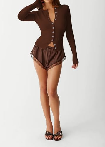 Image of Womens Open Front Button Up Cropped Cardigan Ribbed Knit Long Sleeve Shirt Casual Solid Crop Top Cardigan Sweater