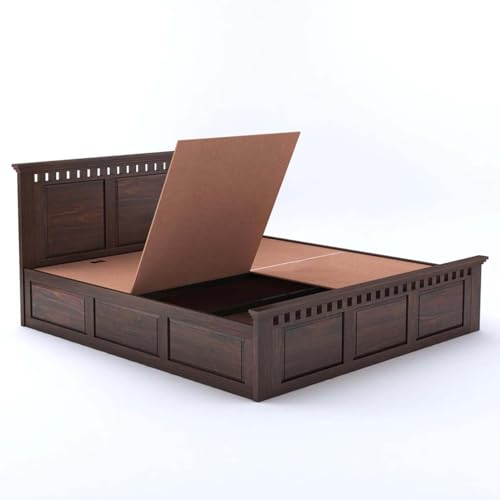 Image of Sheesham Wood Queen Size Bed with Box Storage | Solid Wooden Cot Bed | Double Bed Furniture for Bedroom Living Room Home - Q 05 (Walnut Teak Finish)