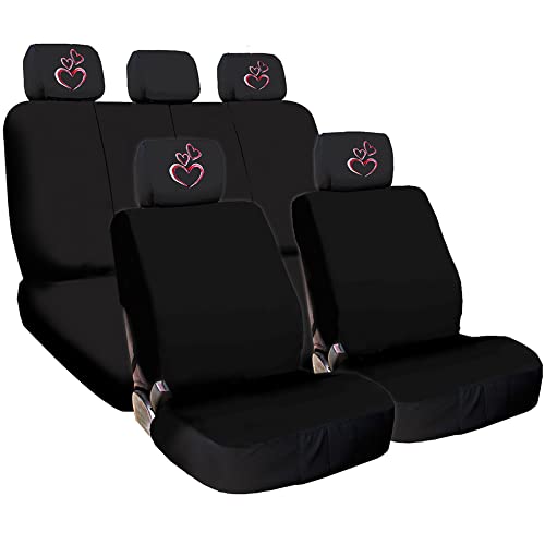 Yupbizauto New Black Flat Cloth Universal Fit Car Truck Seat Covers with Embroidery Logo Headrest Covers Support 60/40 Split Seats (Large Pink Heart)