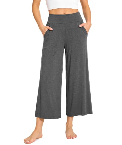 Image of GYS Bamboo Viscose Wide Leg Gaucho Cropped Pants, High Waist Capris Cloud-Soft Pajama Pants with Pockets, Flowy Yoga Pants