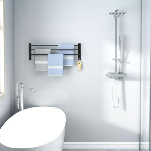 STWWO 80CM Handtuchhalter Ohne Bohren,Badezimmer Handtuchhalter Wandmontage Schwarz 3 Stangen Badetuchhalter mit Bohren oder Selbstklebend Bad Handtuchstange mit 2 Haken, Edelstahl