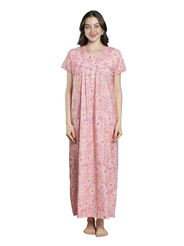 Image of 9shines Label Stylish Chikankari Cotton Nighty Maxi for Women | Full Length Nightgown | Nightdress with Pocket | Embroidery Nighty | Soft Comfortable Cotton Nightwear (1545)