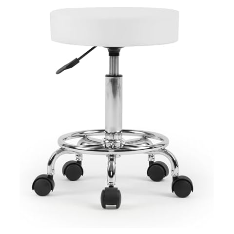 LSSBOUGHT Round Rolling Stool with Wheels Salon Stool PU Leather Height Adjustable Roller Chair for Spa Tattoo Dentist Clinic (White, 1 pcs) Cover