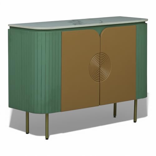 Image of Solid Wood Mandala Sideboard Cabinet with Sintered Stone Top for Living Room | 119.8 x 39.8 x 85 cm | Olive Green and Premium Acrylic Terracotta Brown Finish