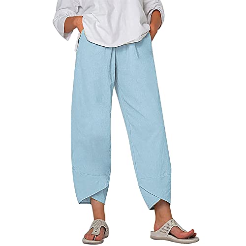 Image of Womens Cotton Linen Capri Pants Casual Elastic Printed Ankle Pants | Cotton Linen Capri Pants for Women 2025 Casual Printed Cropped Palazzo Pants Elastic Waist Lounge Baggy Trousers