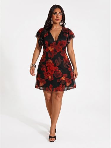 Image of BEAUDRM Women's Plus Size Cocktail Floral Short Dress Wedding Guest Dresses