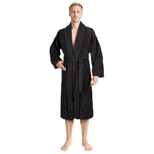 Hammetex Herrbadrock 100 % bomull – 380 g/m² mjuk frottébadrock med fickor för hem och bastu – absorberande och hudvänlig – svart
