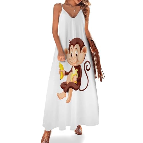 Dgsxynth Vestido largo de verano para mujer, vestido de verano con cuello en V, tirantes delgados, vestido de playa, Monkey Banana, S Alto