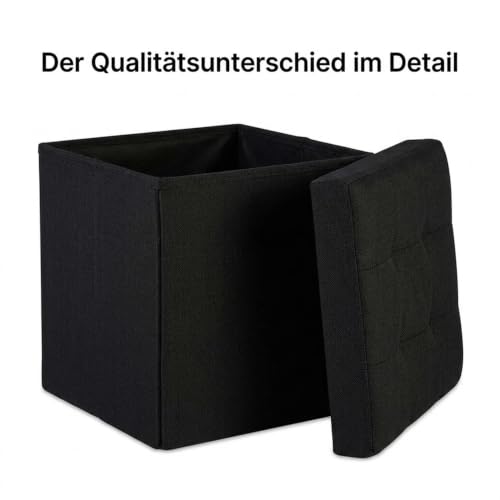 Relaxdays Faltbarer Sitzhocker, 38 x 38 x 38 cm, Sitzcube als Fußablage, Sitzwürfel aus Leinen, Deckel zum Abnehmen, schwarz