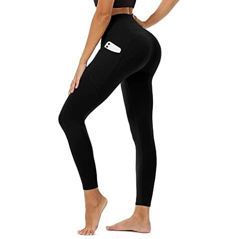 MINTLIMIT Women's High Waisted Seamless Yoga Leggings Tummy Control Workout Running 4 Way Stretch Yoga Pants with 3 Pockets, Black, Large Cover