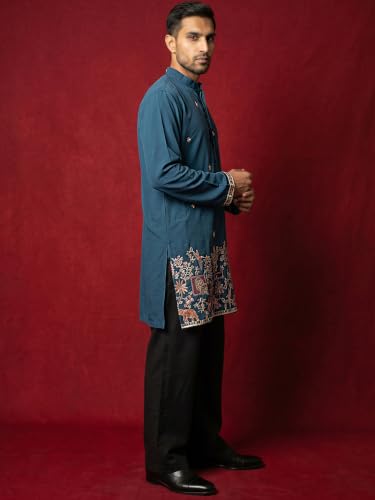 Jompers Japanese Fabric Embroidered Kurta with Korean Pants (Peacock, - Image 4