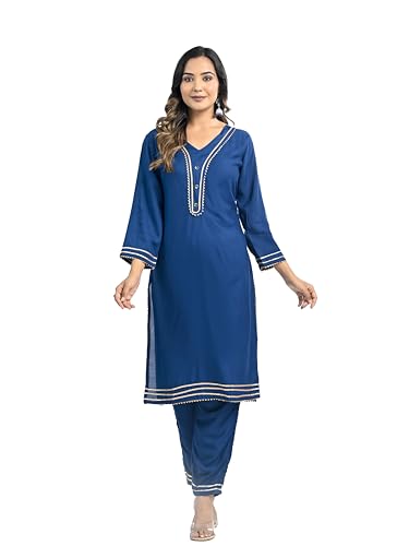 Ramkudi Kurti Set For Women | Indian Style Kurtis For Girls | 3/4 Sleeves Comfort Fit Cotton Kurta - Includes Kurti & Pant Steel Blue