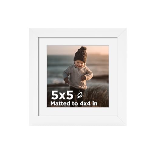 KINLINK 5x5 Picture Frame White, Wooden Square Photo Frame Matted 4x4 with Plexiglass for 4x4 with Mat or 5x5 without Mat for Table and Wall Display