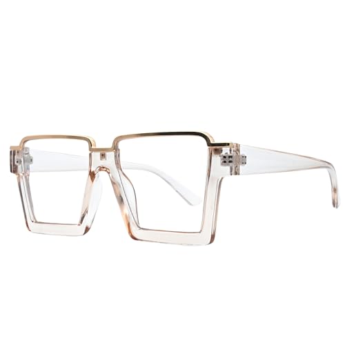 Image of Onrtry Oversized Square Blue Light Glasses for Women Men Fashion Semi Rimless Glasses Non Prescription Eyeglasses