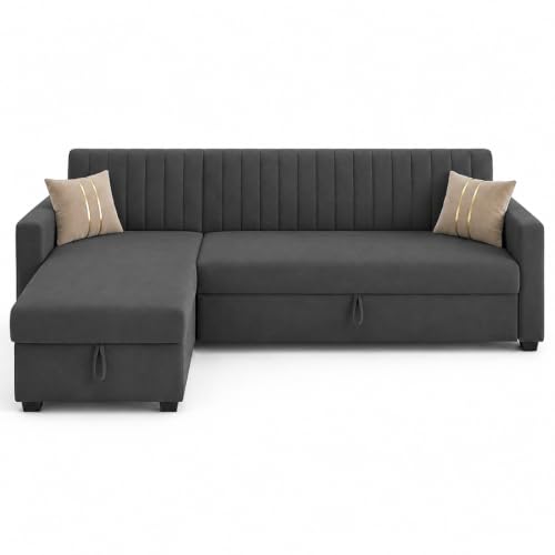 Image of CASASTYLE Kyagar 4 Seater LHS L Shape Sofa with Pull Out Bed & Storage Lounger | Premium Soft Velvet Suede Fabric | Comfort Cushions | Ideal for Living Room, Hotel & Office (Dark Grey)