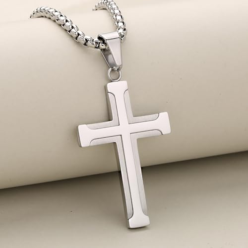 Cross Necklace for Men, Stainless Steel Black/Silver Cross Pendant Religious Necklace Christian Jewelry Chain 60 cm/23.6 inches2