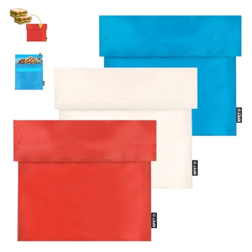 ANDINUS Set de 3 Bolsas Reutilizables para Sándwich – 18x18 cm, Lavables, Ecológicas y Sin BPA – Porta Snacks, Bocadillos y Alimentos – Colores Rojo, Blanco y Azul