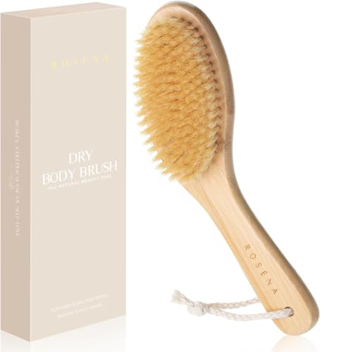 Image of 100% Natural Boar Bristle Body Brush Wooden | Curved Dry /Wet Body Brush with Contoured Wooden Handle by Rosena Naturals