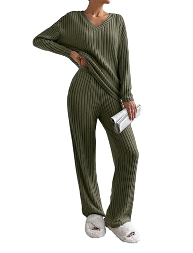 Women Two Piece Lounge Set Fall Winter Pajama Sets Long Sleeve Tracksuit Loungewear Ribbed Knit Sweater Sleepwear