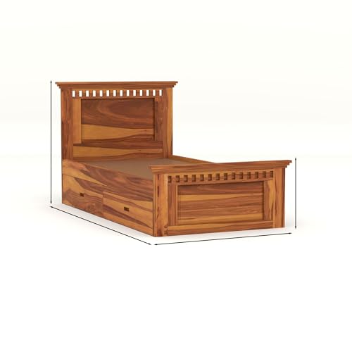 Image of Solid Sheesham Wood Single Size Bed with 2 Drawer Storage Wooden Single Cot Bed for Home Living Room Bedroom Guest Room Hotel (Honey, Size 6 * 3)