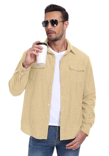 Image of Askdeer Men's Corduroy Button Down Shirts Long Sleeve Casual Shacket Jacket Western Corduroy Shirt Jacket with Flap Pockets