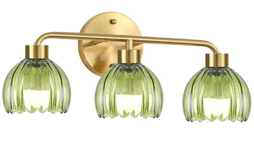 ILLMTW Bathroom Light Fixtures,3 Light Bathroom Vanity Light Over Mirror,Gold Wall Vanity Lights with Green Glass Shade for Bedroom Living Room Farmhouse