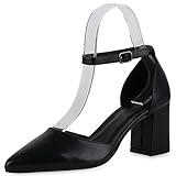  VAN HILL Damen Spitze Pumps Blockabsatz Schuhe Klassische Basic Partyschuhe Elegante Leder-Optik Abendschuhe 207960 Schwarz 37