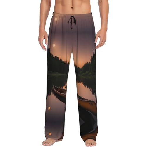 Moonlit Canoe Allagash River Print Men Relaxation Pajama Pants Soft Lightweight Lounge Bottoms With Drawstring Pants