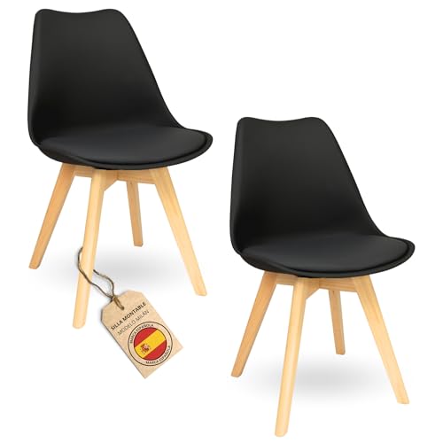 HOME DESIGN & CONFORT ®Sillas de Comedor Nórdicas con Respaldo Ergonómico con Material PU y Patas con 2,8cm de Anchura | Sillas de Cocina con Madera de Haya Maciza (2 Sillas Negras)