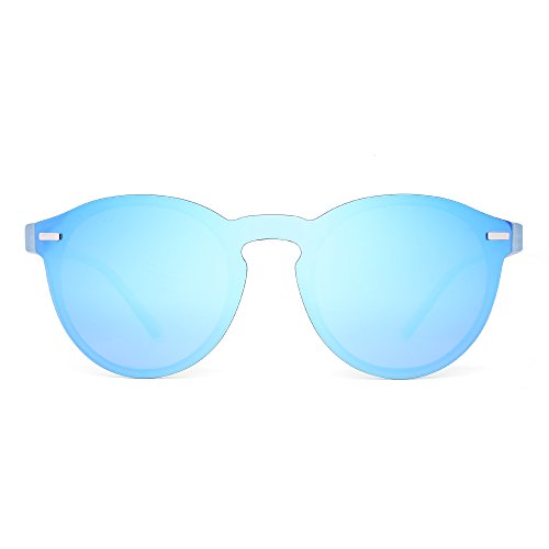 JIM HALO Rimless Polarized Sunglasses for Women Men Round One Piece Mirror Lens (Blue Frame/Polarized Mirror Blue Lens)