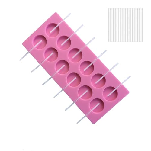 Moldes de Silicona para Piruletas,12 Mold Forma Redonda Silicona Lollipop con 50 Palitos Caramelo,Moldes de Lollipop Moldes de Chocolate Redondo Rosa para Tartas,Caramelos,Gelatinas y Chocolate