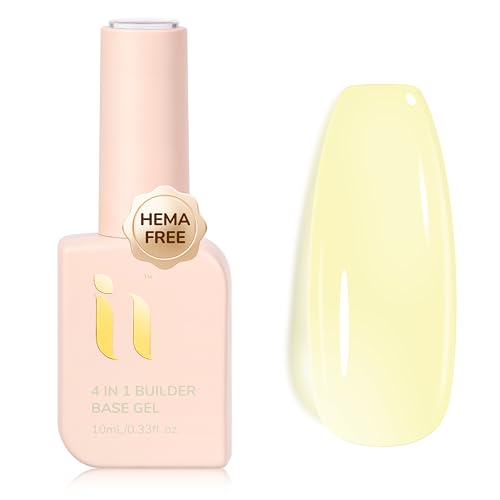 idyllbeauty Hema Free Rubber Builder Base Gel Polishes, Soak Off LED UV Need Strengthener for Thin Flimsy Nail, Streak Free Thickening & Repair, Cream Yellow