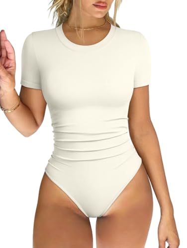Image of OQQ Women's Crew Neck Short Sleeve Bodysuit Ruched Stretch Vacation Basic for Tops Spring & Summer