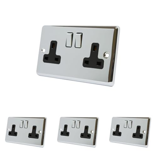 AET CPC2GSOCBC 13 A 2-Gang Polished Chrome Classical Double Plug Socket with Black Insert Metal Rocker Switches (Pack of 4)