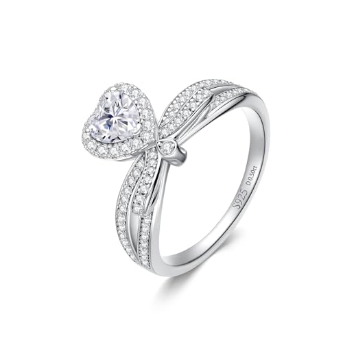 D Color Moissanite Heart Engagement Ring for Women,S925 Sterling Silver Bow Knot Halo Promise Ring,Romantic Gift with Gift Box