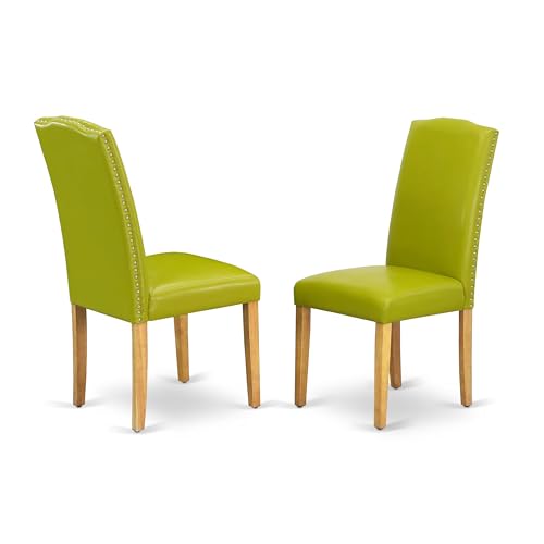 Image of East West Furniture ENP4T51 Encinal Parsons Dining Chairs - Nailhead Trim Autumn Green Faux Leather Upholstered Chairs, Set of 2, Oak