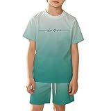 QJDFLL 2026 Cooles Outfit mit Farbverlauf, Stadtmotiv, Kurzarm-T-Shirt und Shorts für Jungen und Mädchen, atmungsaktives Mesh, lässige Spielkleidung (Green, 5-6 Years)