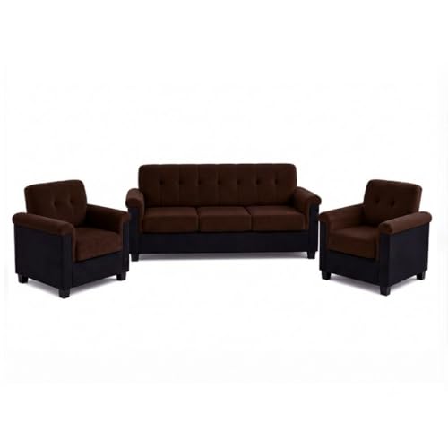 Image of FURNY Woodswave 5 Seater Sofa Set with Velvet Fabric, 3+1+1+2 Puffy Sofa Set for Living Room (Brown-Black) | Durable & Comfortable | Ideal for Living Room